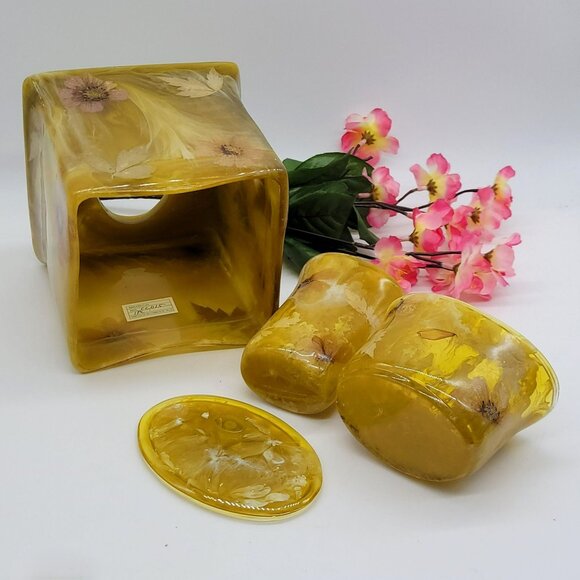 3 Pc Bathroom Set Tissue Box Toothbrush Holder Canister Pressed Flowers Acrylic - Picture 12 of 16